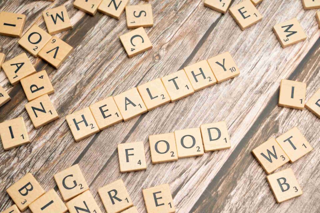 Healthy Food in Scrabble Letters.